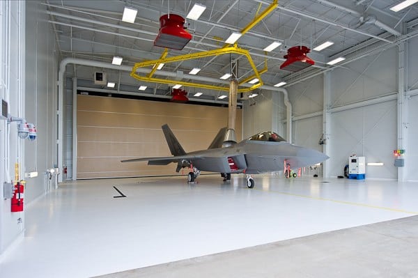 Vertical Lifting Fabric Doors with a fighter jet