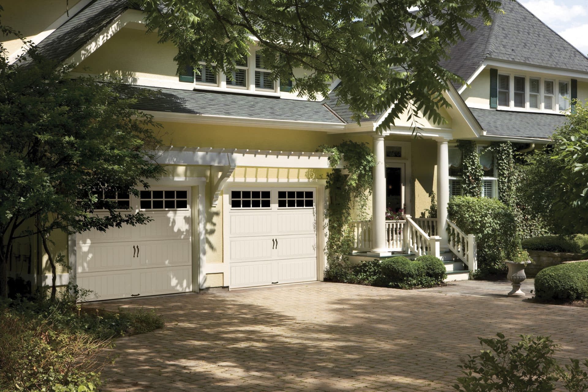 House with white garage doors