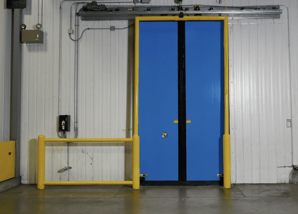 Bright blue tall center-opening Garage Door