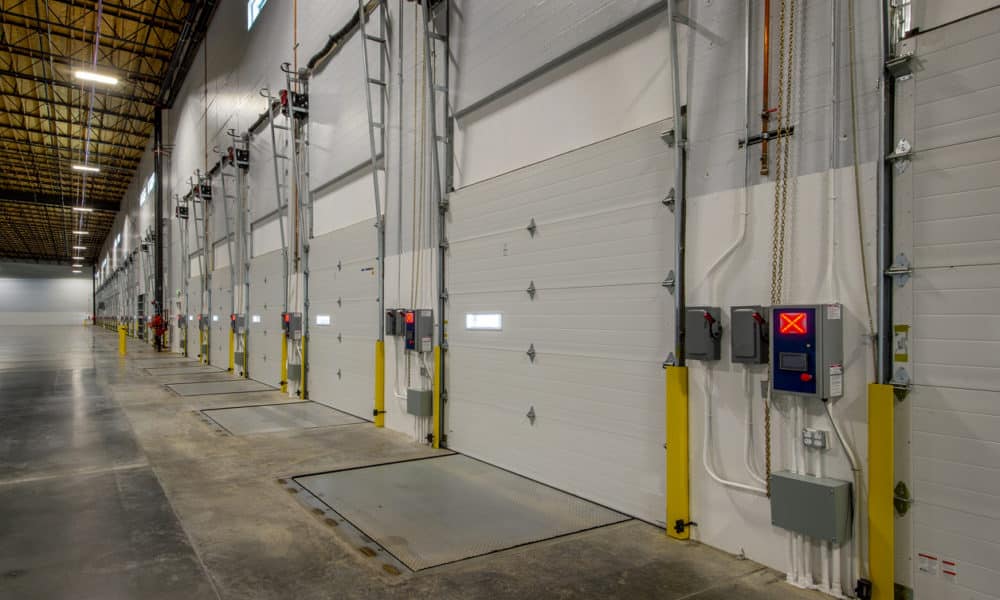 Large commercial Warehouse with garage doors closed