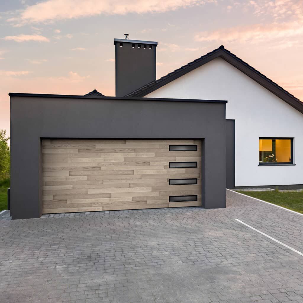 Modern plank style garage door