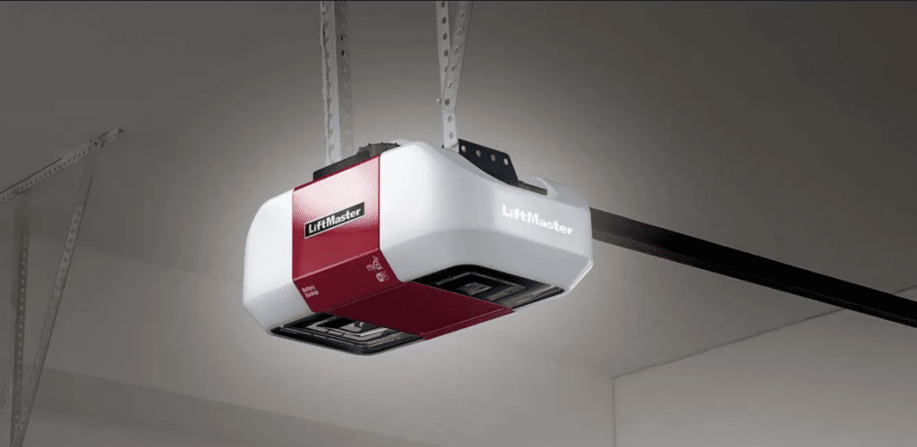 red Liftmaster garage door opener with lights on and beeping