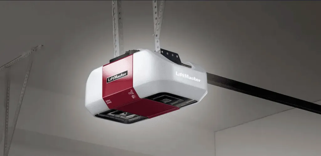 red Liftmaster garage door opener with lights on and beeping