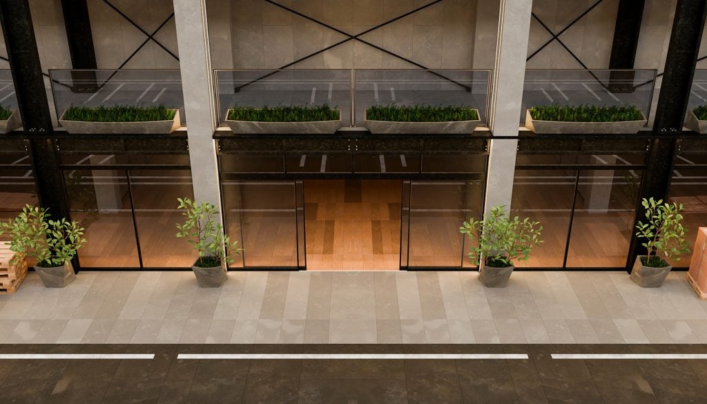 Modern building facade with open sliding doors revealing wooden floor - 3D render