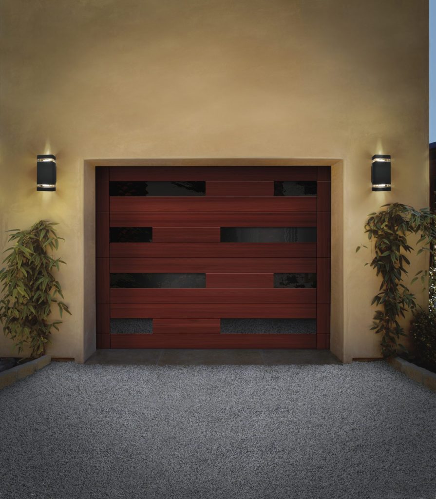 Modern wood garage door with contemporary glass panel design